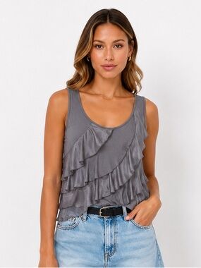 $120 MUGSI Gray Ruffle Tank Top Satin Pleats Large L